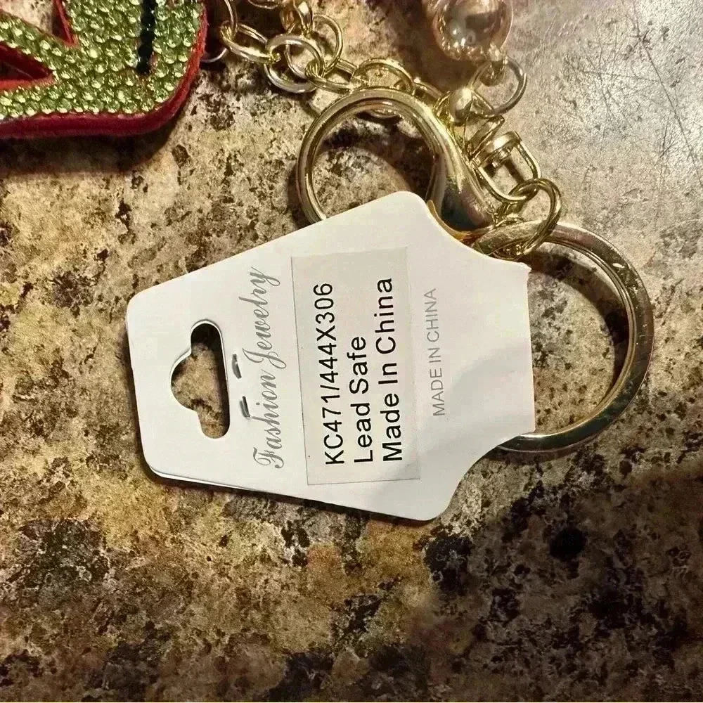 NWT Red Cherry Bag Charm or Keychain Ring Stainless Steel Flat Gem Cherries…
